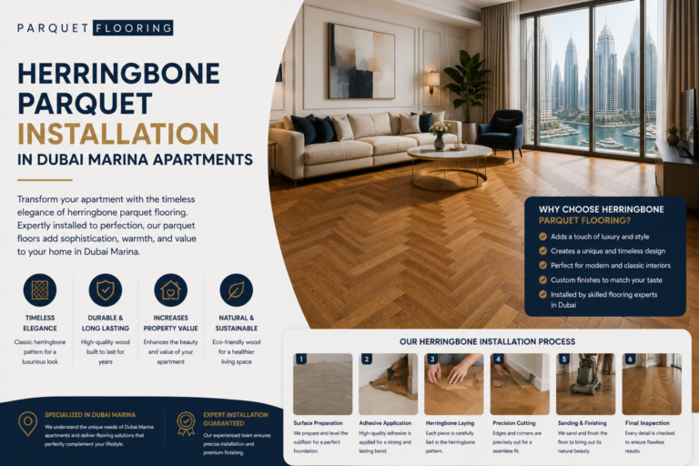 Read more about the article Herringbone Parquet Installation in Dubai Marina Apartments
